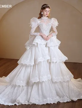 Jancember Customization Superfine Wedding Dresses O-Neck Full Sleeves Tiered Bow Sequins Illusion Vestidos De Novia LSMX036 - Aliexpress - FashionsVida