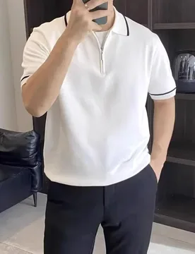 Men's Clothing Solid Color Lightweight Ice Silk Zip Collar Short Sleeve T-Shirt Summer Vintage Contrast Color Casual Stylish - Aliexpress - FashionsVida
