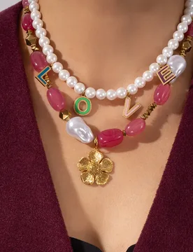 Boho Colorful Natural Stone Pearl Beaded Necklace Stainless Steel Gold Flower Pendant Enamel LOVE Letter Choker Women Jewelry - Aliexpress - FashionsVida