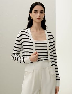 Donna Set Due Pezzi Seta Cotone Righe Maglia Fine Cardigan Canotta Bianco Nero XS