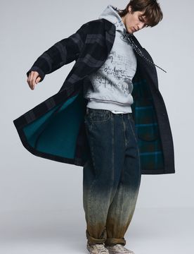 Manteau en laine bimatière à carreaux, , Noir, S