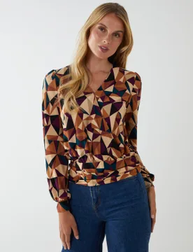 Geometric Print Wrap Front Top - S / MULTI - female - Blue Vanilla - FashionsVida
