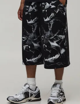Men's All Over Dog Printed Jersey Bermuda Jort Black Size Small Black S - boohooMAN - FashionsVida