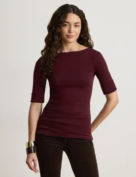 Camiseta de mujer de algodón con cuello barco disponible en tallas grandes - Lauren Ralph Lauren - FashionsVida