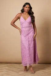 Lace Insert Strappy Midi Dress - Purple - Size: 8