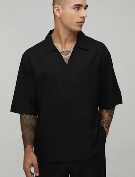 Men's Oversized Deep V Neckline Linen Blend Shirt Black Size Small Black S - boohooMAN - FashionsVida