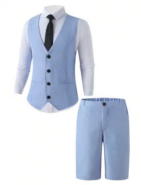 Set de 2 piezas Traje de caballero para adolescentes - Chaleco ajustado azul + Pantalones cortos texturizados azules, Traje formal elegante para cumpl - Shein - FashionsVida