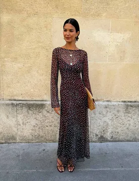 Mesh Print Fitted Maxi Dress Brown Mix female - Never Fully Dressed - FashionsVida