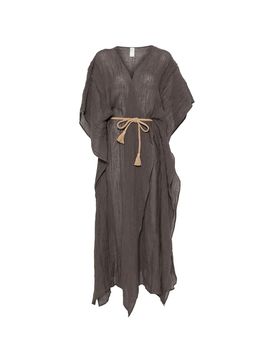 Long Linen Dress with Adjustable Waist Belt and Short Sleeves