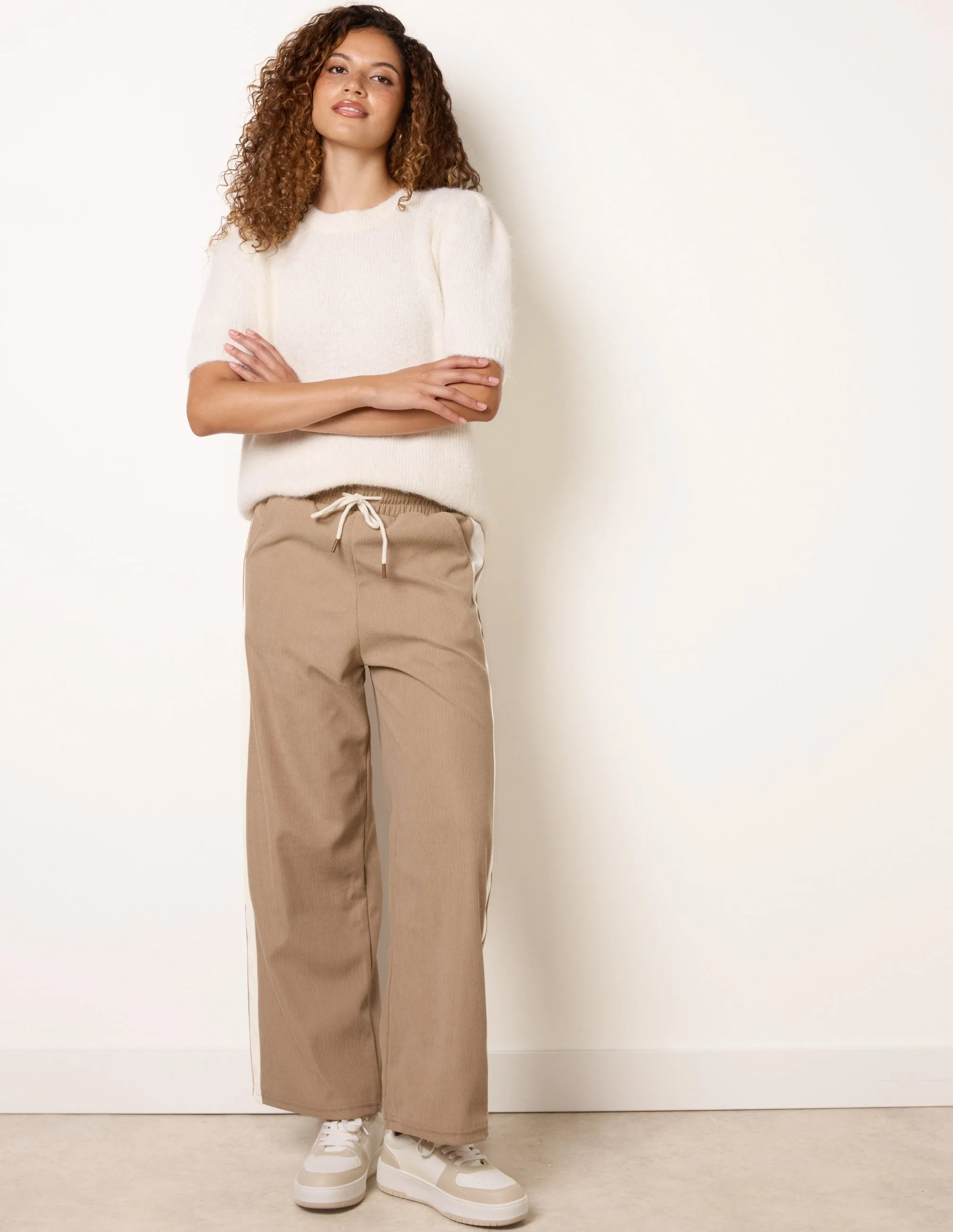 Corduroy Side Stripes Trousers - L / STONE - female - Blue Vanilla - FashionsVida