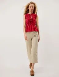 Pure Cotton Gingham Tie Neck Frill Detail Top Red female