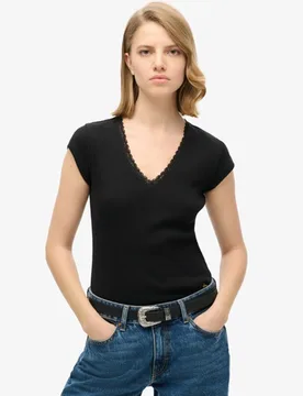 Superdry Damen Schwarz Athletic Essentials Oberteil mit Spitzenbesatz und V-Ausschnitt, Größe: 38-40 - 29.99 - FashionsVida