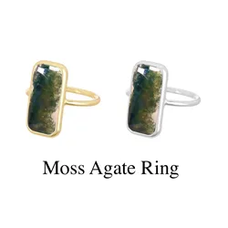 Handcrafted Natural Gemstone Moss Agate Rectangle Ring