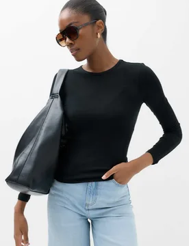 Long Sleeve Crew Neck Top With Wool Black female - M&S - FashionsVida