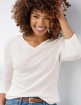 Women's Wrinkle Free 3/4 Sleeve V Neck Ruched Top in Ivory Size: 18 - Ivory - Size: 18 - Cotton Traders - FashionsVida