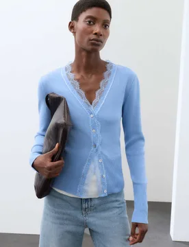 V-Neck Button Front Lace Detail Cardigan True Blue female - Autograph - FashionsVida