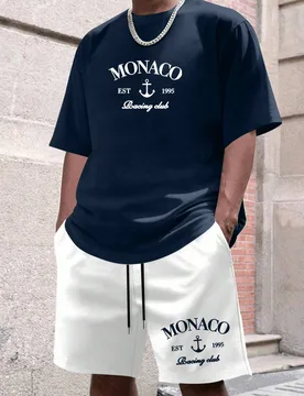 Set de 2 piezas con camiseta de manga corta con estampado de letras y pantalones cortos casuales para hombre, conjunto de verano - Shein - FashionsVida