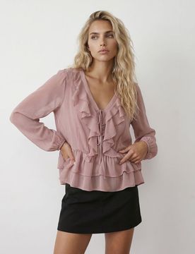 Blusa con volant e laccetti - rosa cipria