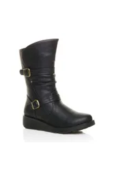 Low Wedge Heel Comfort Calf Biker Boots - Black - Size: 7