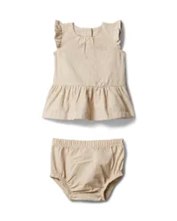 Abito beige in simil lino con volant e culotte