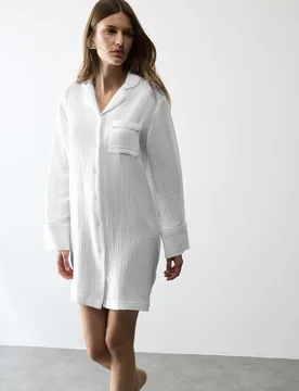 Pure Cotton Textured Muslin Nightshirt White female - Autograph - FashionsVida