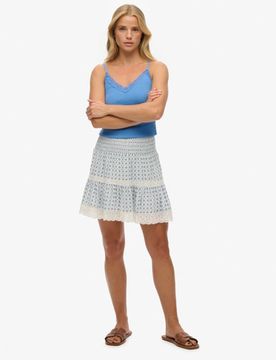 Superdry Damen Minirock mit Spitzenborte und Print Blue - Größe: 44