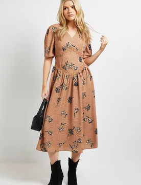 Women's Stone Floral Lace Detail Dropped Waist V Neck Printed Midi Dress Size: 14 - Stone - Size: 14 - Dorothy perkins - FashionsVida