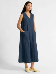 Denim V-Neck Midi A-Line Swing Dress Indigo female