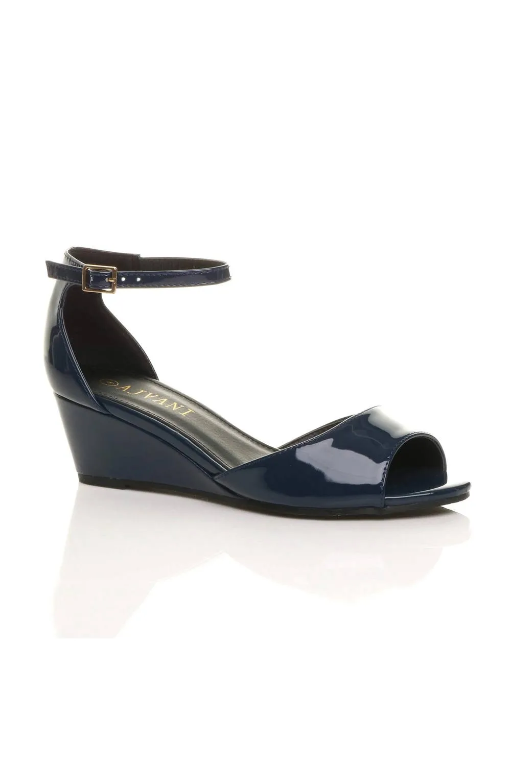 Mid Wedge Heel Ankle Strap Sandals - Navy - Size: 6 - Ajvani - FashionsVida
