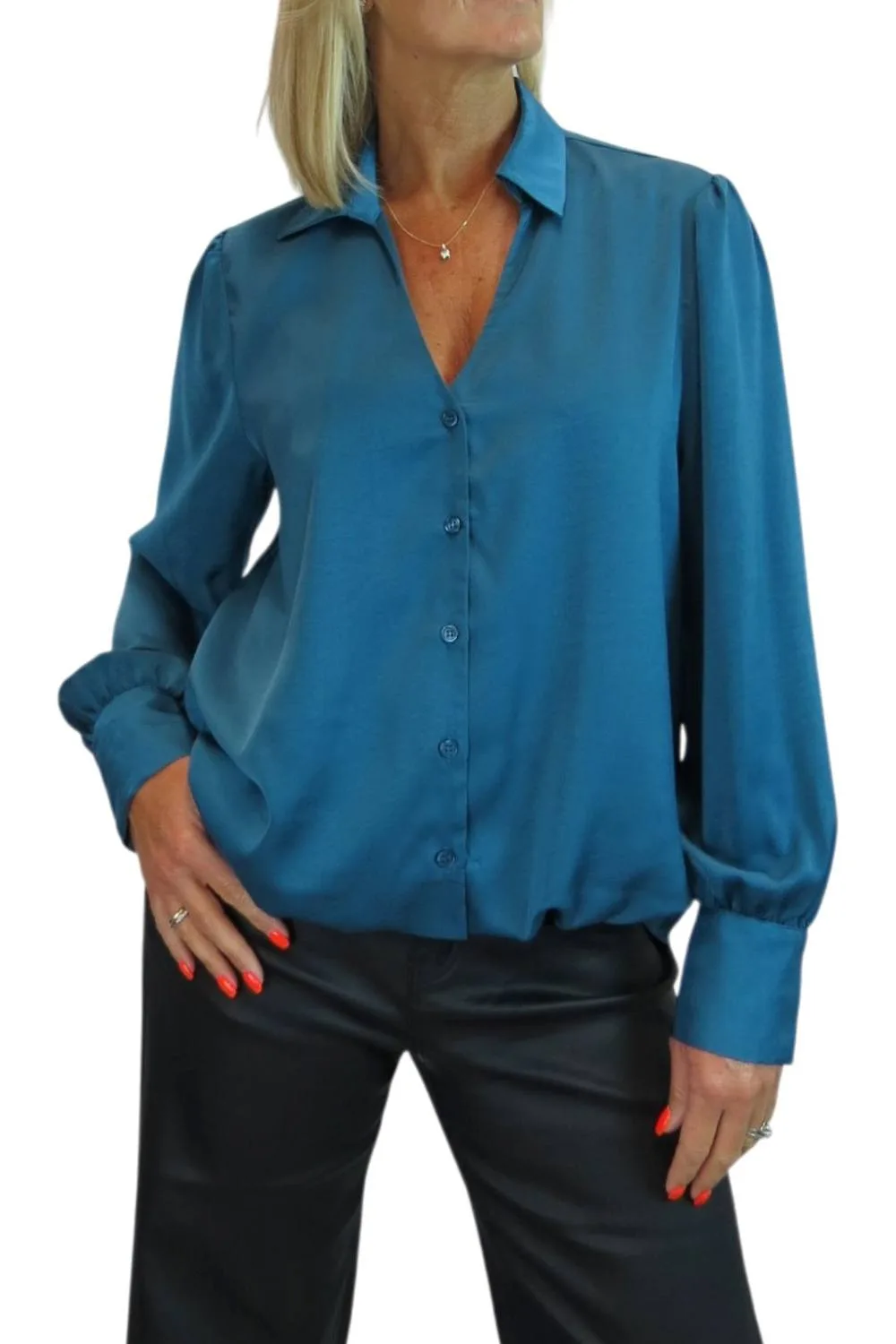 Women's Satin Long Sleeve Blouse in Teal Size: 12 - Teal - Size: 12 - Paulo Due - FashionsVida