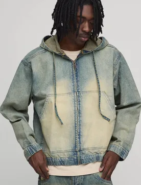 Herren Gewaschener Zip-Through Koordinaten-Denim-Hoodie Sweatshirt Stonewash Größe Medium - boohooMAN - FashionsVida