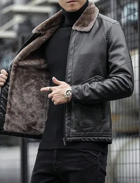 Chaqueta de cuero con forro polar grueso de manga larga para hombre, otoño/invierno - Shein - FashionsVida