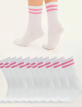 Pares de calcetines a rayas blancos suaves y cómodos hasta la pantorrilla para mujer, adecuados para uso diario, deportes de ocio al aire libre, moca - Shein - FashionsVida