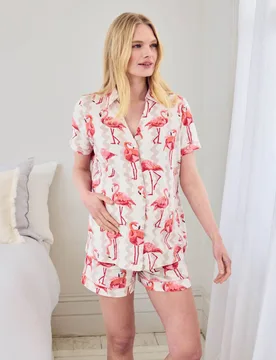 Maternity Cotton Rich Flamingo Shortie Set Light Cream female - Chelsea Peers - FashionsVida
