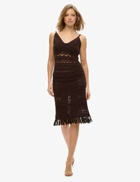 Superdry Damen Häkel-midikleid mit Fransen Brown - Größe: 38 - 94.99 - FashionsVida