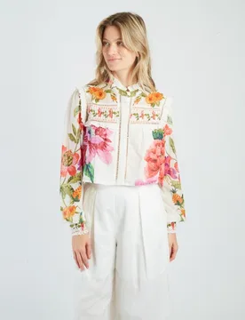 Blusa corta con mangas largas y cuello camisero - Derhy - FashionsVida