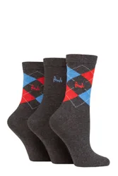 Women's 3 Pair Patterned Cotton and Recycled Polyester Socks Argyle Charcoal Red / Blue UK 4-8 - Grey - Size: Small