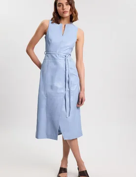 Womens Leather Tie Belted Midi Dress - Pale Blue - Size 12 Uk - Karen millen - FashionsVida