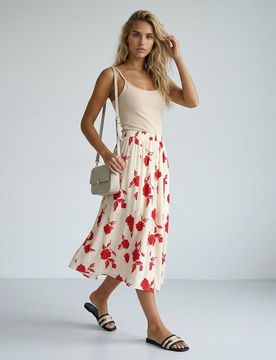 Gonna midi svasata con viscosa e motivo floreale - multicolor