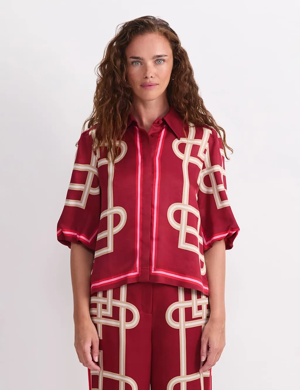 Printed Collared Relaxed Blouse Burgundy Mix female - Sportscraft - FashionsVida