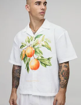 Men's Oversized Boxy Fruit Print Revere Shirt White Size X-Large White XL - boohooMAN - FashionsVida
