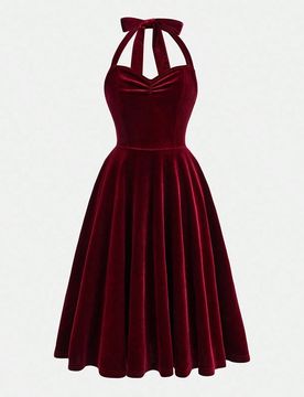 Vestido elegante rojo de terciopelo con lazo y cuello halter para niñas preadolescentes