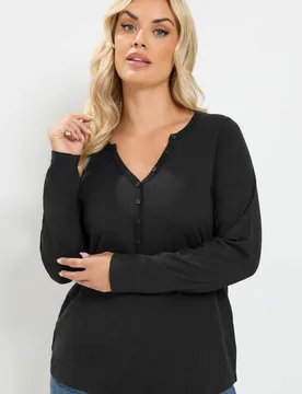 Women's Henley Long Sleeve T-Shirt in Black Size: 20 - Black - Size: 20 - Yours - FashionsVida