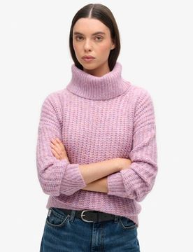 Superdry Damen Angerauter, Gerippter Pullover mit Ausschnitt in Knautschoptik Lila - Größe: 38-40