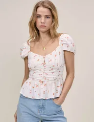 Pure Cotton Floral Ruched Top White female