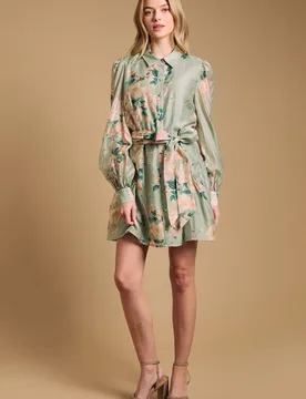 Womens Belt Detail Volume Sleeve Shirt Dress - Green - Size 8 Uk - OASIS - FashionsVida