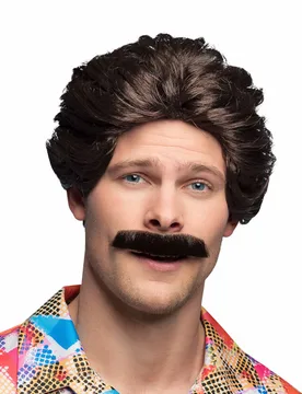 Kurze 80er-Herrenperücke mit Schnauzbart braun - BOLAND BV - FashionsVida