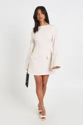 Womens Petite Long Sleeve Slash Neck Tailored Mini Dress - Ecru - Size 12 Uk
