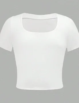 Camiseta corta tejida de manga corta con cuello en U y ajuste ceñido de color liso básico para niñas preadolescentes, blanco - Shein - FashionsVida