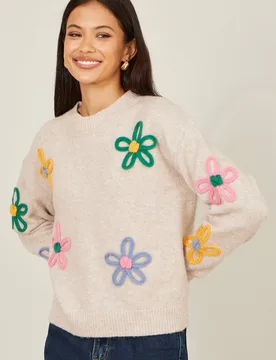 Women's Oatmeal Relaxed Flower Embroidered Jumper in Beige Size: Large - Beige - Size: L - Yumi - FashionsVida